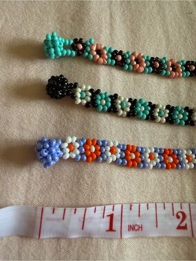 Handmade Seed Bead Bracelet Set of 3 — Turquoise, Black & Peach Floral Design